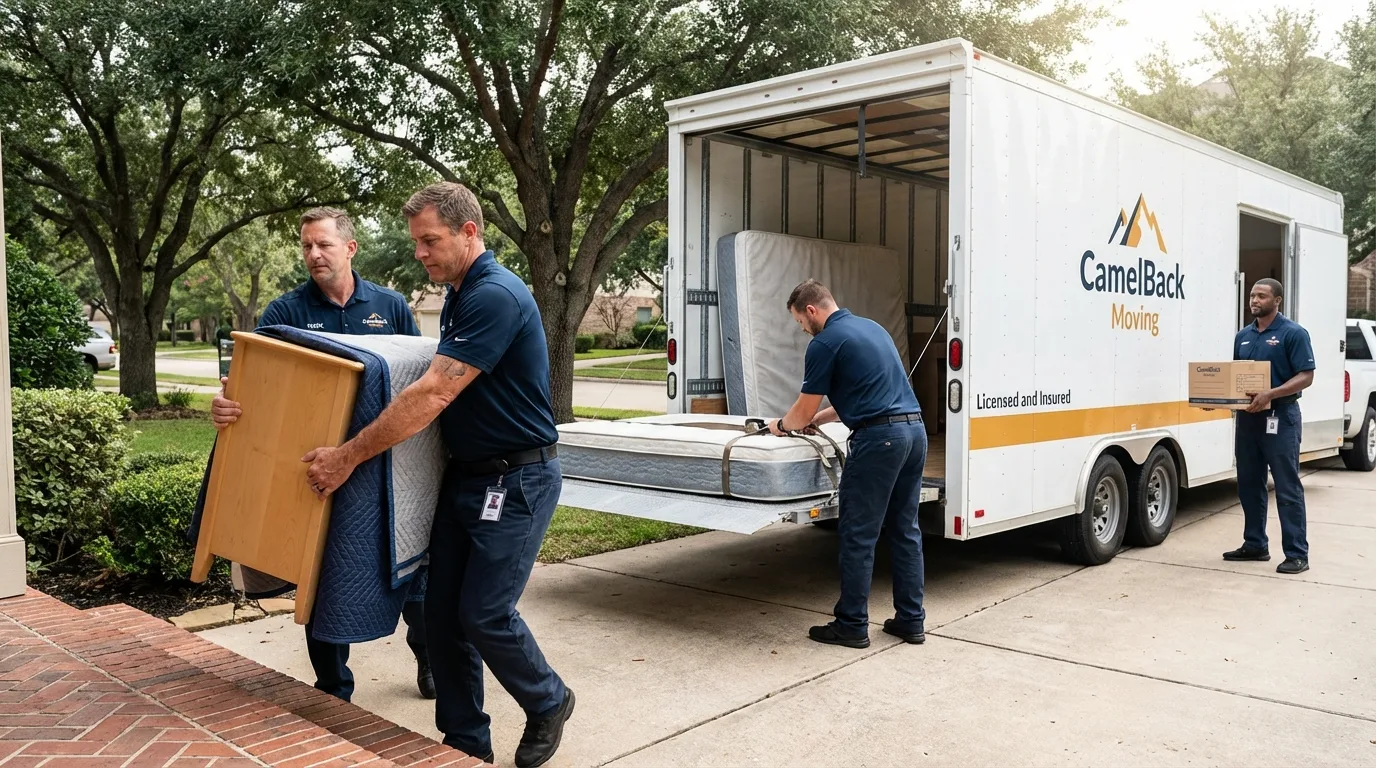 Crew loading residential truck for cross-state move from Bedford, NH