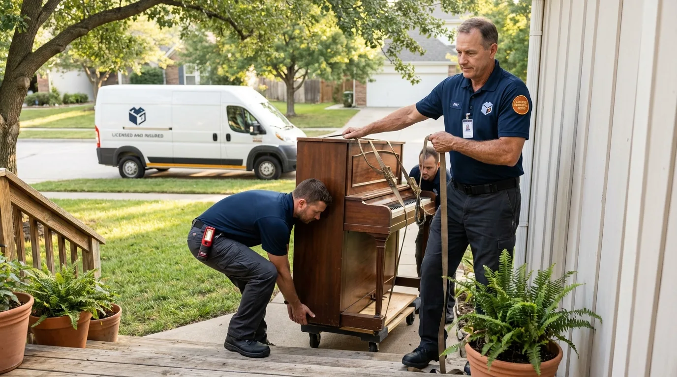 Licensed piano movers securing grand piano in Bedford, NH