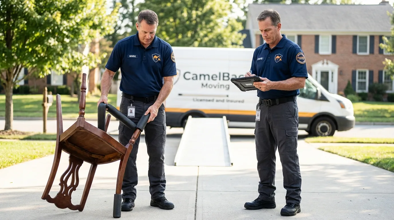 Movers inspecting furniture for damage prevention before loading in Bedford, NH
