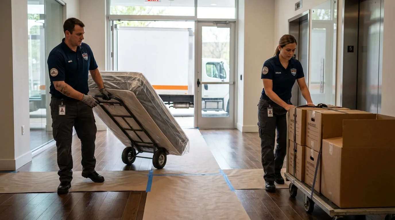 Professional apartment movers loading elevator in Bedford, NH